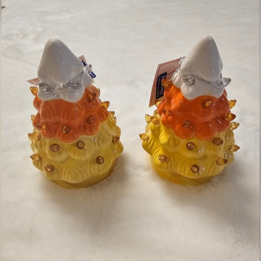 Set Of 2 Mr Halloween  Candy Corn Mini Light Up Trees
